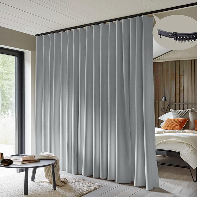 Room Divider Curtains with Flexible Ceiling Curtain Tracks Set,100% Blackout Floor to Ceiling Curtains Patio Sliding Door Curtains (Grey Drape & Black Rail W 12.5 × H 9 FT)