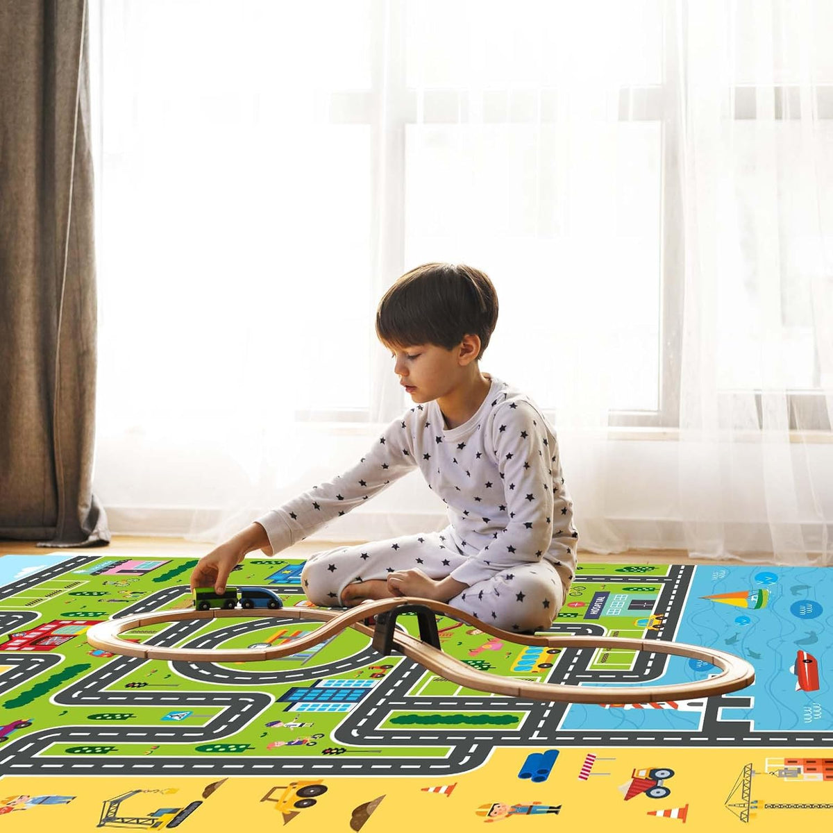Kids Rug Playroom Car Rug Play Mat City Life Road Rugs Fun City Map for Kids Toy Cars Carpet for Bedroom Boys (Green-Rug, 5.2x7.9ft) - NestledHome
