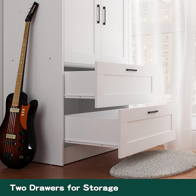 Wood White Wardrobe Closet with 2 Doors and 2 Drawers，Bedroom Freestanding Armoire Storage Cabinet with Shelves，Wooden Wardrobe Combination for Hanging Clothes (White 2 Drawers)