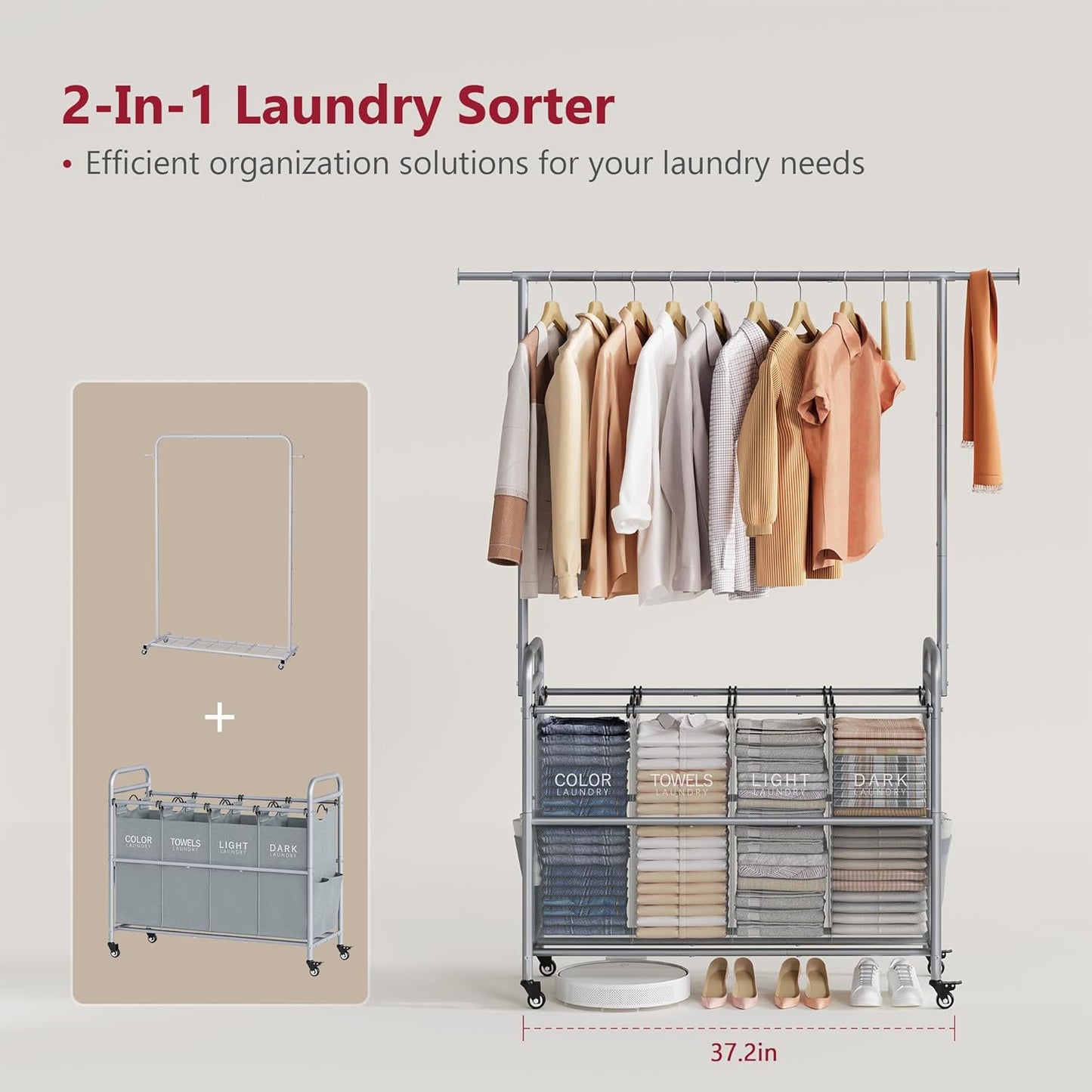 Tajsoon Laundry Sorter with Hanging Bar, 4 Section Rolling Laundry Hamper with Heavy Duty Lockable Wheels, Laundry Sorter Cart for Bathroom & Bedroom, Gray - NestledHome