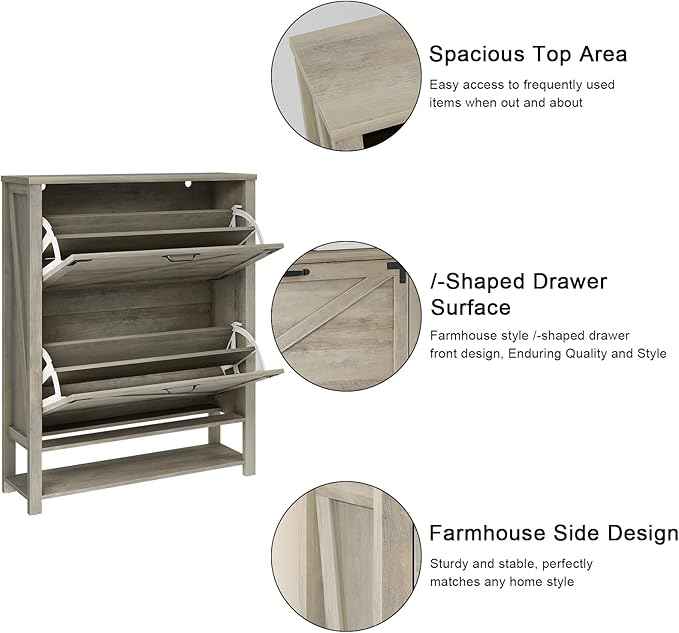 Vabches Shoe Storage Cabinet, Farmhouse Freestanding Organizer with 2 Flip Drawers, Wooden Hidden Narrow Slim Shoe Rack Cabinet for Entryway, Hallway, Foyer, Grey