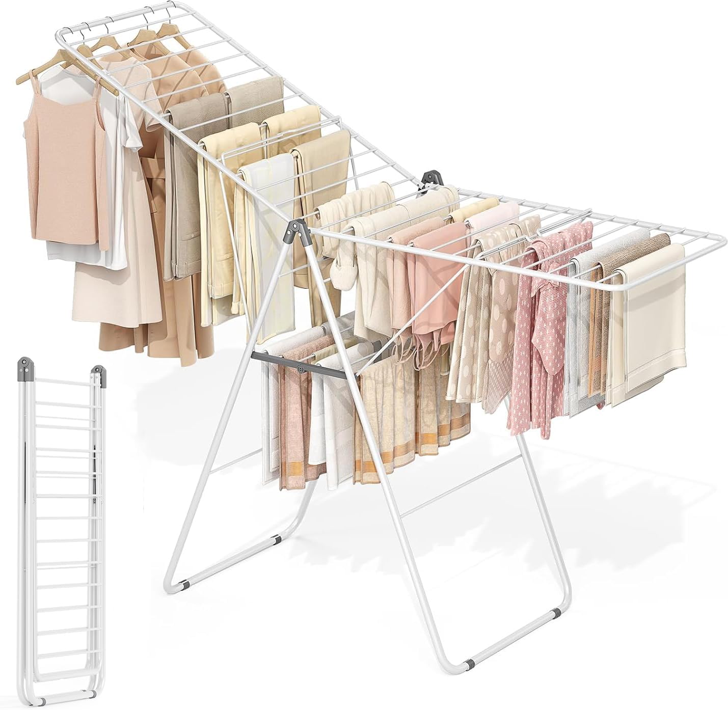 APEXCHASER Clothes Drying Rack, Foldable Drying Rack Clothing, Sturdy Metal Laundry Drying Rack, Height-Adjustable Gullwing, Easy to Fold, Space-Saving, for Indoor Outdoor, White - NestledHome