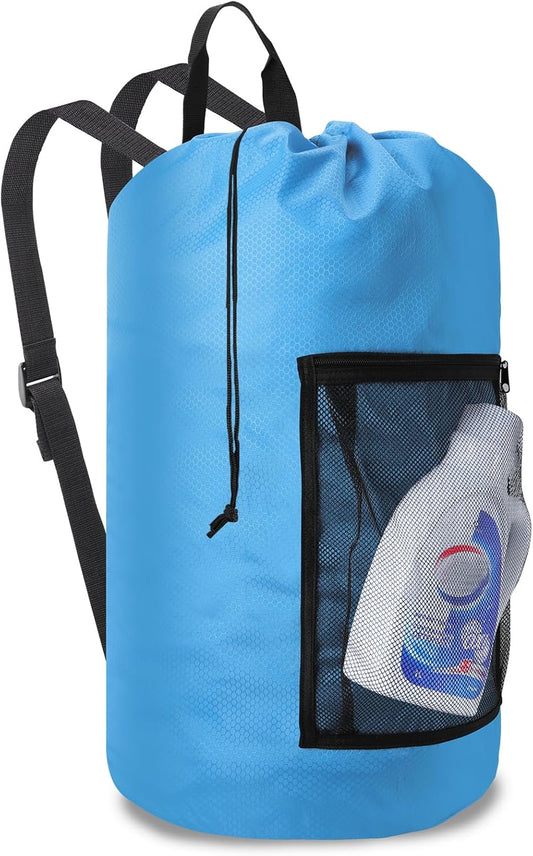Femuar Laundry Bag Backpack Durable Laundry Bag with Shoulder Straps and Mesh Pockets Portable Laundry Dirty Clothes Hamper Bag for College Dorm (Blue) - NestledHome