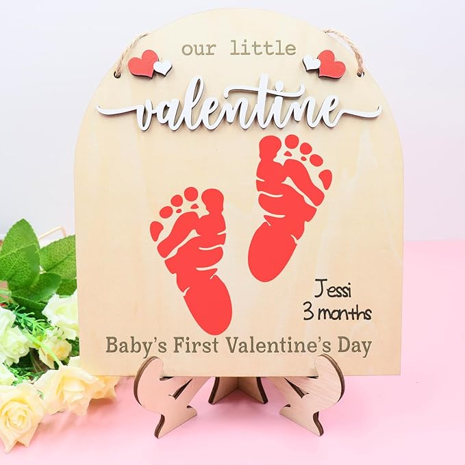 DIY Baby's First Valentine's Day Footprint Signs, Baby First Valentine's Day Gifts for Babies, Toddle Valentine Crafts, Memory Keepsake Baby Milestone Announcement Props (Our Little Valentine)