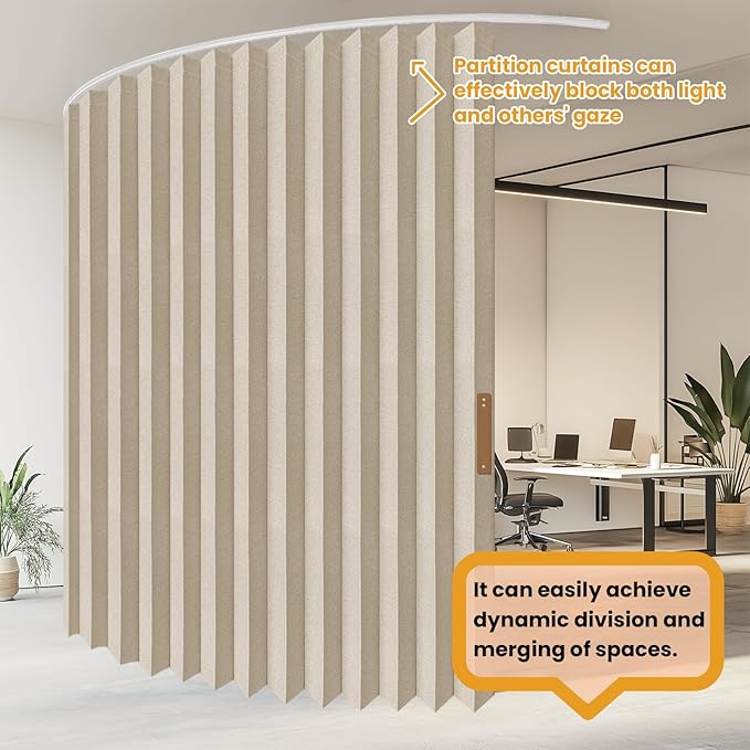 ILRON Accordion Folding Room Partition with Ceiling Track - Retractable Room Divider Curtain, Effortless Setup(Beige 100" W x 96" L-Pack of 1)