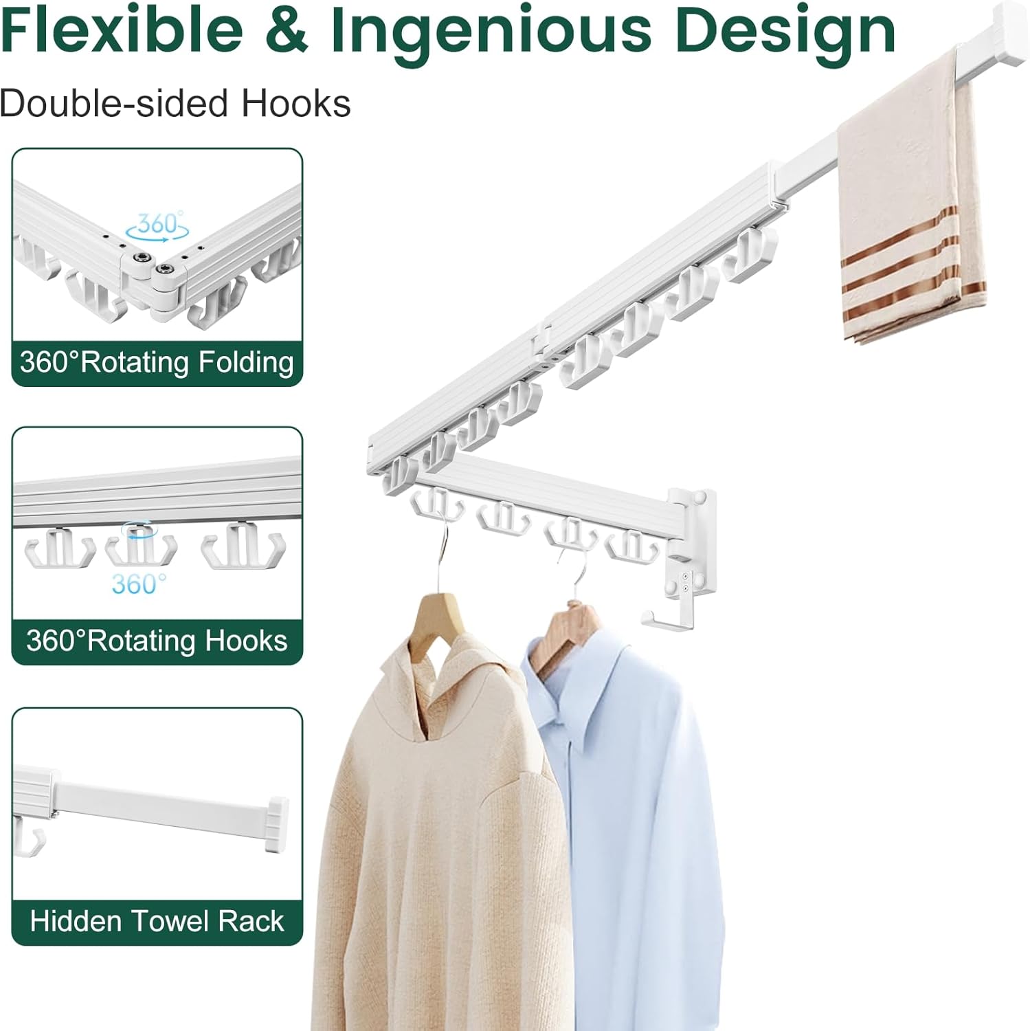 Wall Mounted Clothes Drying Rack, Laundry Drying Rack Wall Mount, 3-Fold Drying Rack Clothing, Foldable Clothes Drying Rack with 12 Dual Hooks Organization for Laundry Room Indoor - White - NestledHome