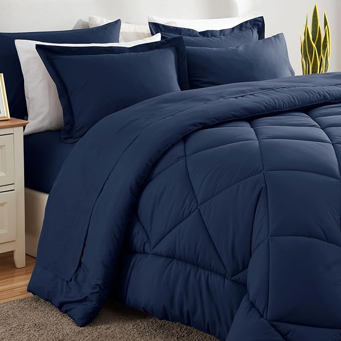 CozyLux Oversized Queen Comforter Set Navy Blue, 7 Pieces Bed in a Bag Comforter Set with Sheets Luxury Bed Set All Seasons, Bedding Set with Down Alternative Comforter, Sheets, Pillowcases & Shams