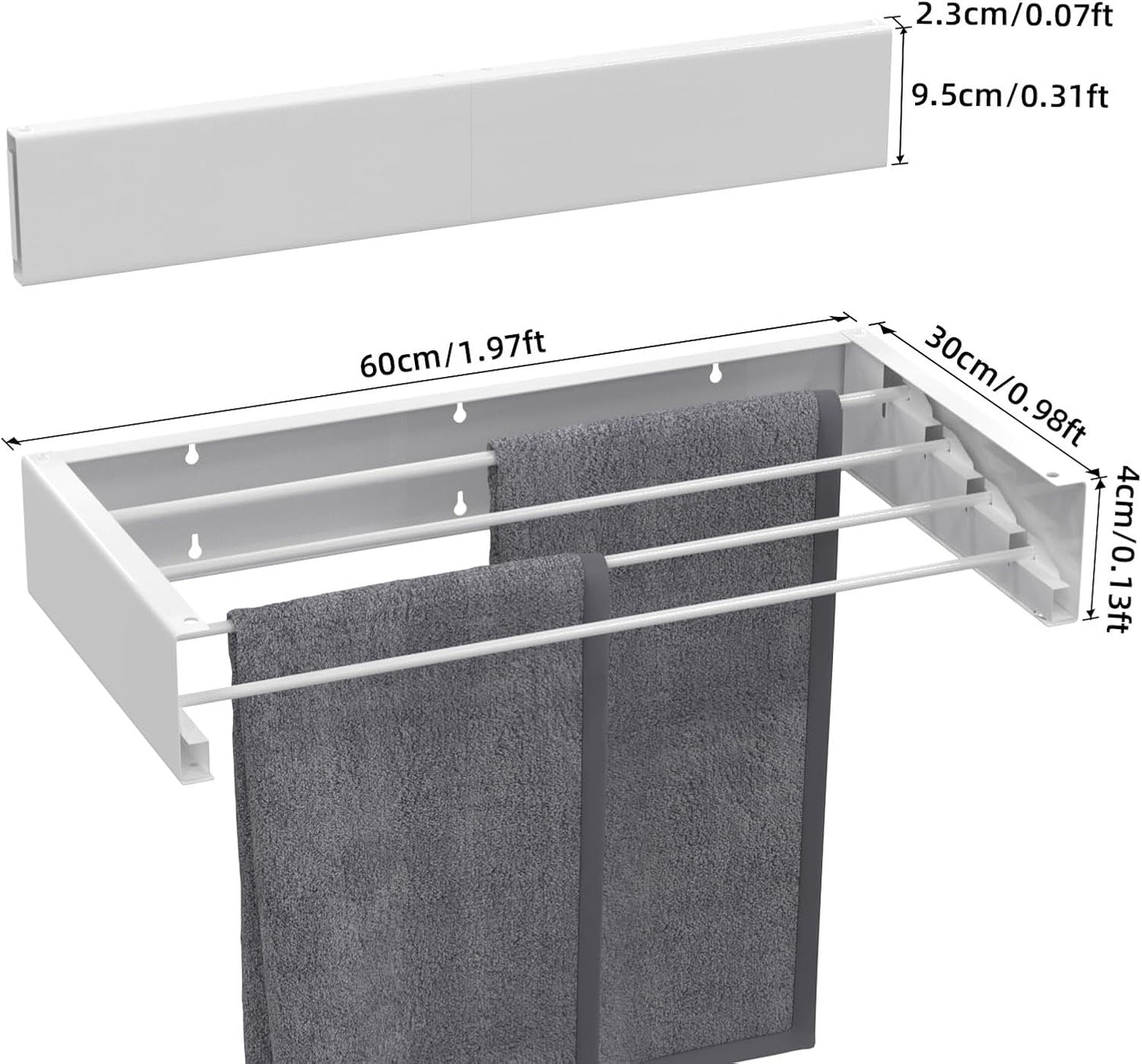 Wall Mounted Drying Rack for Laundry 23.6'', Folding Drying Rack Clothing Wall Mount with 4 Rods, Space Saving for Indoor Outdoor Bathroom Balcony (White, 23.6'') - NestledHome