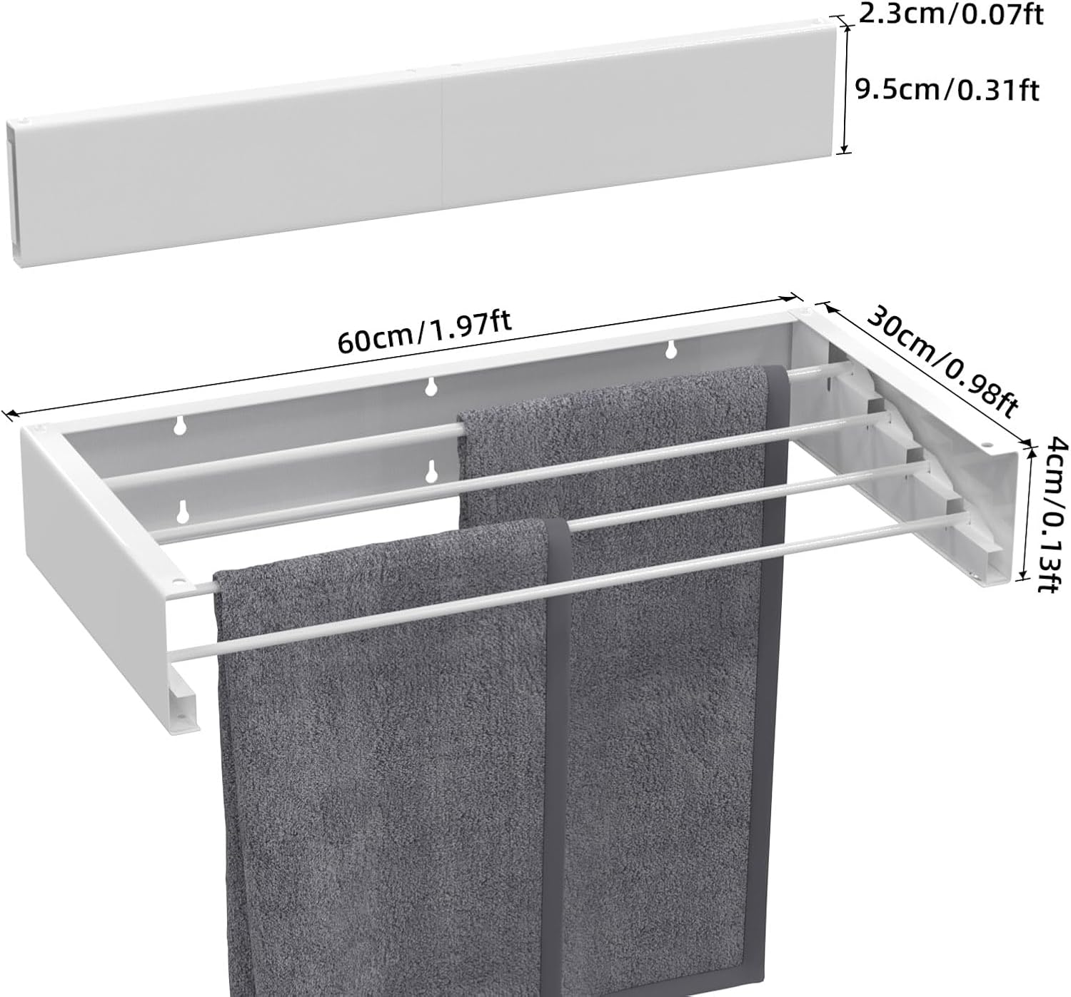 Wall Mounted Drying Rack for Laundry 23.6'', Folding Drying Rack Clothing Wall Mount with 4 Rods, Space Saving for Indoor Outdoor Bathroom Balcony (White, 23.6'') - NestledHome