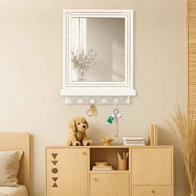 Tirzah 16x12 Inch Wall Mount Beaded Wood Framed Mirror with Shelf and 6 Hooks, White Decorative Entryway Mirror with Storage for Laundry Room, Bathroom, Bedroom