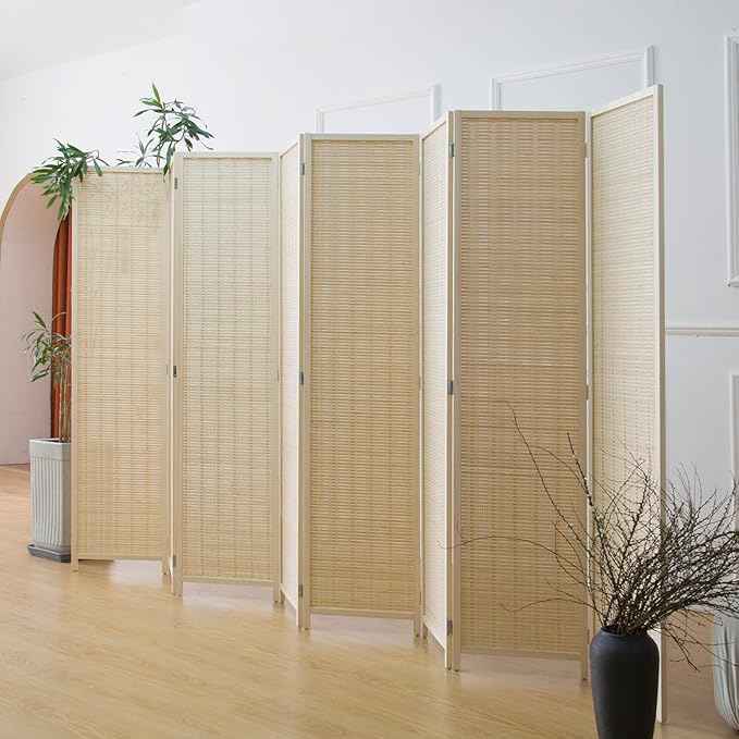 8 Panel Bamboo Room Divider - 5.6 ft Tall Folding Privacy Screen, Natural Beige Freestanding Partition Wall (67" x 122.8", 8-Panel)