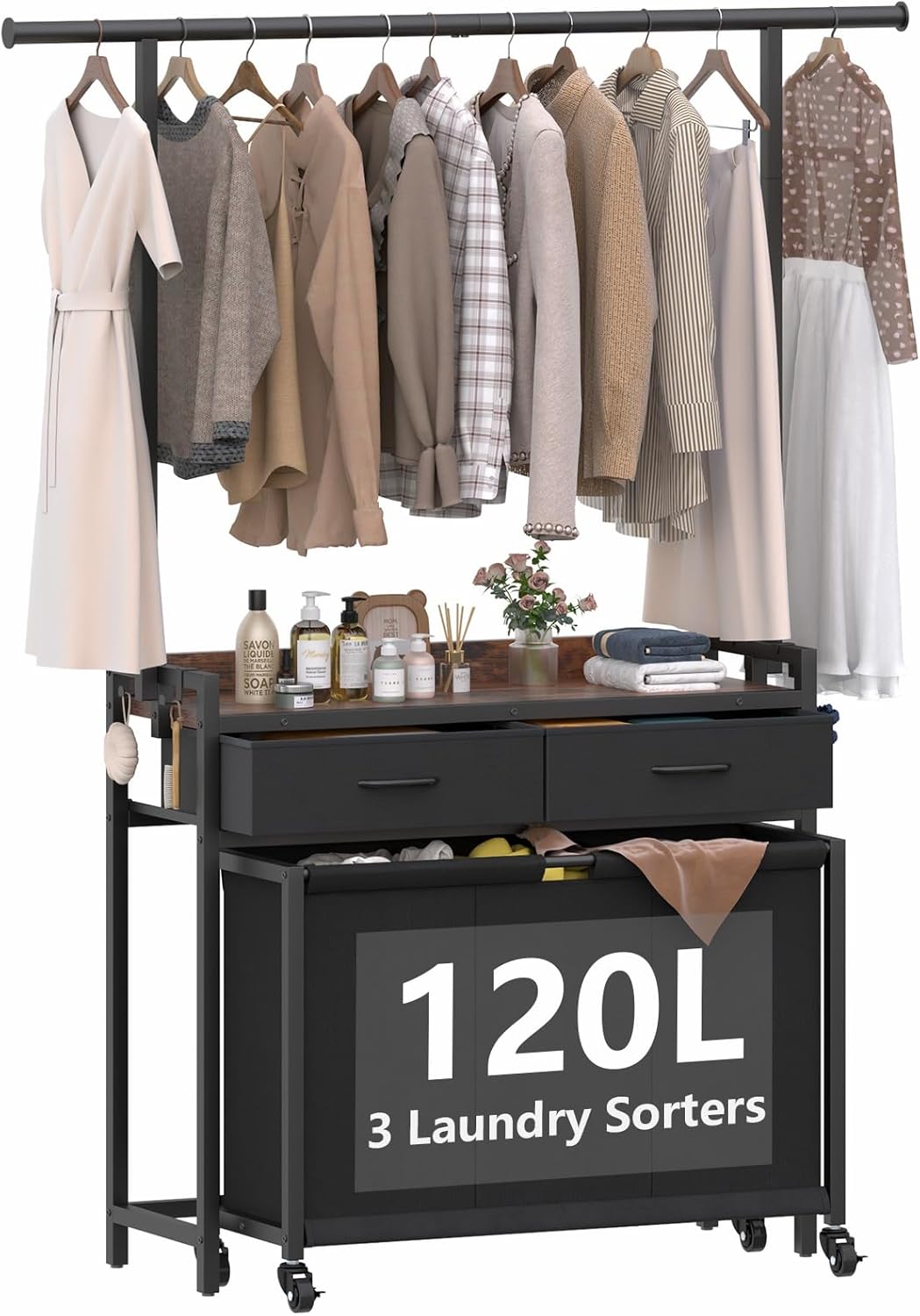 Laundry Sorter Hamper with Hanging Cloth Rack, Laundry Basket with 3 Section Pull-Out Rolling Bags, Laundry Sorter for Organization and Storage with 2 Drawers for Laundry Room (Vinatge Brown) - NestledHome