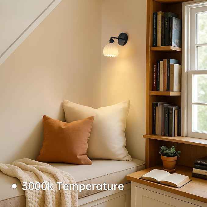 Vintage Battery Operated Wall Sconce with White Tulip Glass Lampshade Rechargeable Battery Powered Black Wall Light with Remote Control for Bedside Bedroom Doorway