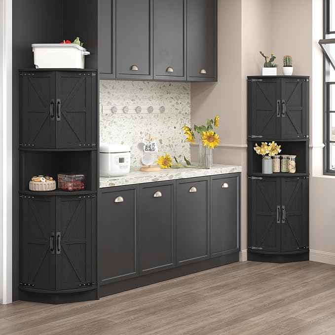 Vabches 64.8" Tall Farmhouse Corner Cabinet with 4 Doors and 5 Storage Shelves, Farmhouse Storage Cabinet with Barn Door Design, Home Space Saver for Living Room, Kitchen, Laundry Room,Black