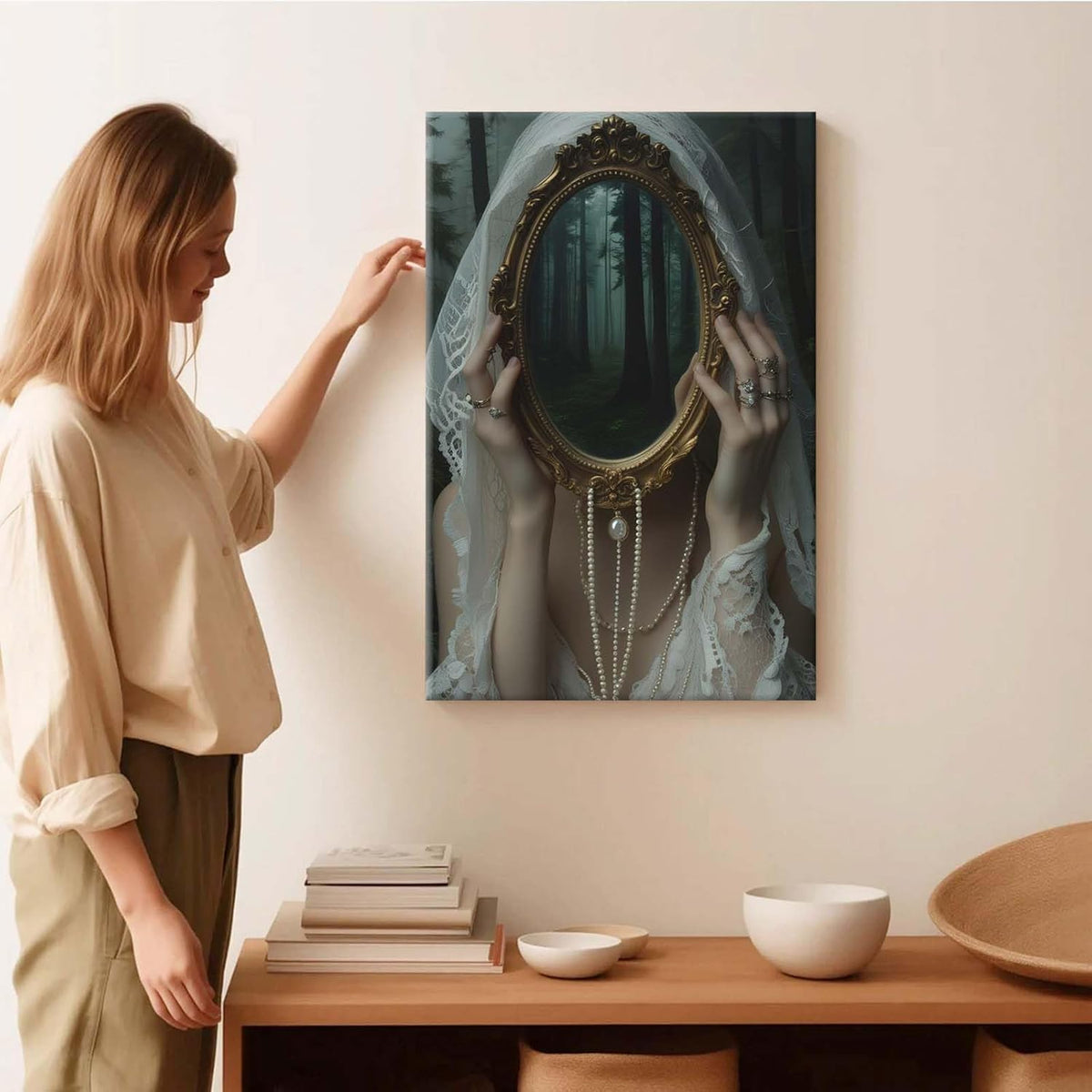 Mirror face covering dark art poster print melancholy gothic painting vintage feminine print victorian style decoration antique art8x12in Frameless