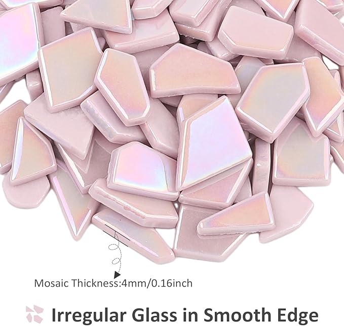 Youway Style Iridescent Glass Mosaic Tiles for Crafts Bulk,200g Pink Broken Mosaic Glass Pieces for Garden Crafts Kits,DIY Mosaic Art Decor
