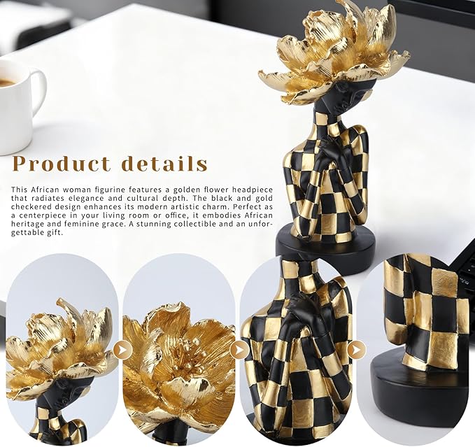 African Woman Sculpture with Golden Flower Headpiece – Black and Gold Resin Figurine for Home Decor, Elegant African Lady Statue, Modern Ethnic Art Ornament, Gift for Women
