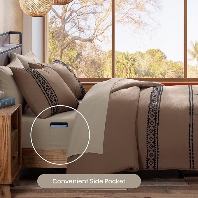 MaiRêve Embroidery Comforter Set, Boho Farmhouse Western Bedding Set, All Season Bed in A Bag Comforter Set with Sheets, Pillowcases & Shams, Brown Queen 7 Pieces
