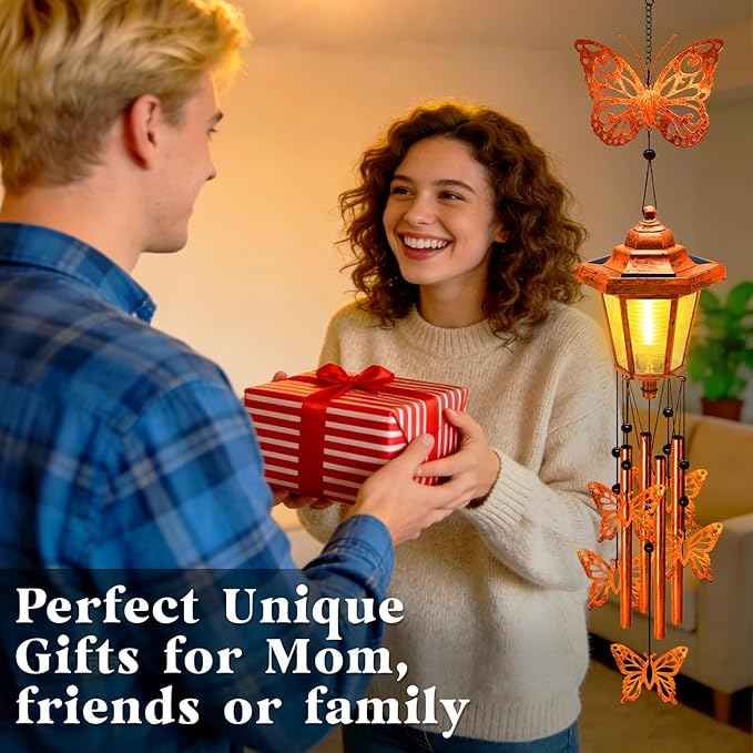 Butterfly Solar Wind Chimes for Outside, Birthday Gifts for Mom Women Grandma Mother's Day Memorial, 34-Inch Windchimes with Wind Spinner, Outdoor Hanging Solar Lights Waterproof Yard Garden Decor