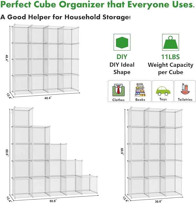 C&AHOME Cube Storage Organizer, 16-Cube Shelves Units, Plastic Storage Cubes, DIY Closet Organizer, Modular Closet Storage Shelf Ideal for Home, 48.4" L × 12.4" W × 48.4" H Transparent Twill UPCS16T