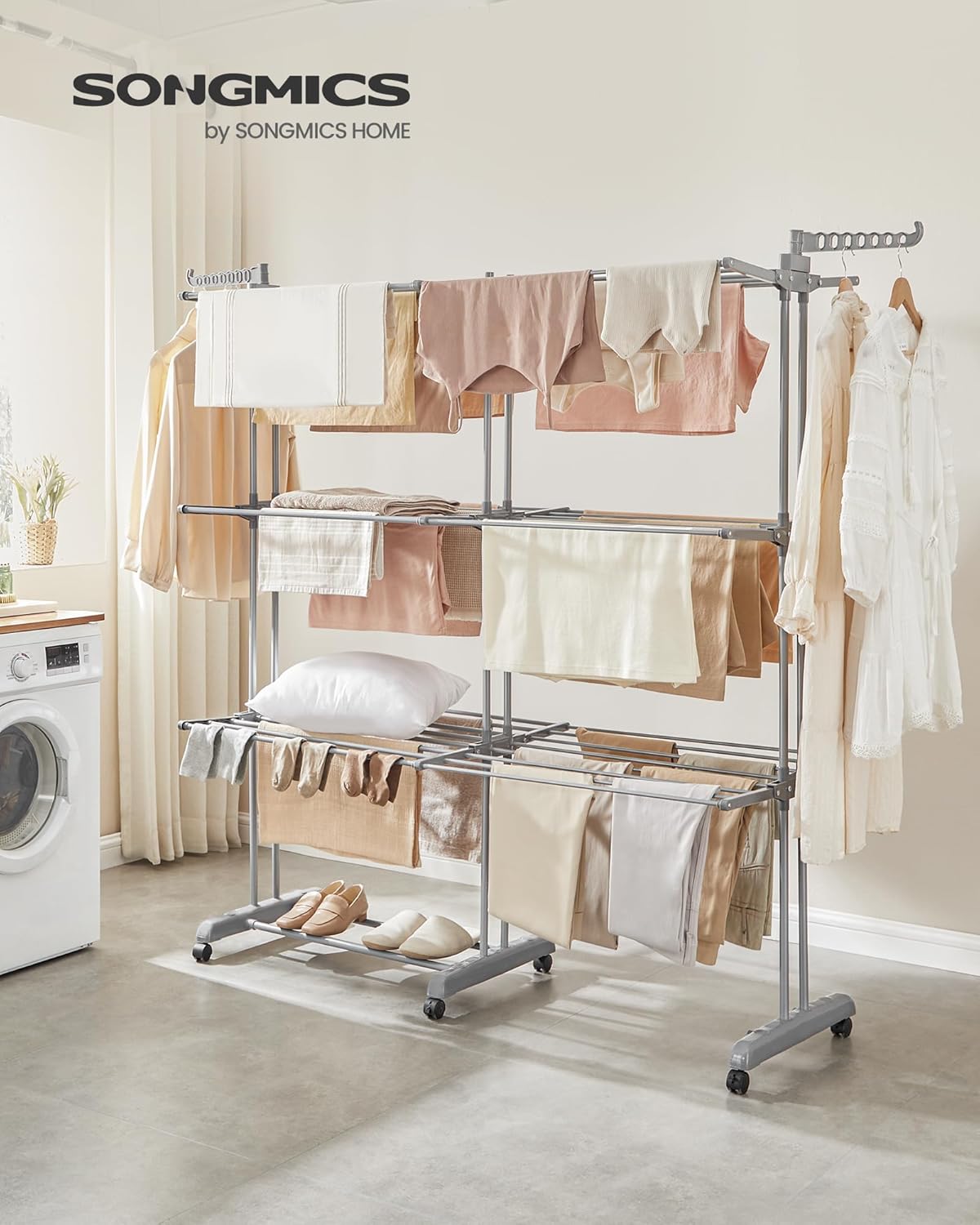 SONGMICS Clothes Drying Rack 4-Tier, Foldable Laundry Drying Rack 69.9-Inch Tall, Extendable Rods, Stainless Steel, Rolling Clothes Horses, Clothes Airer, Indoor Outdoor Use, Dove Gray ULLR704G01 - NestledHome