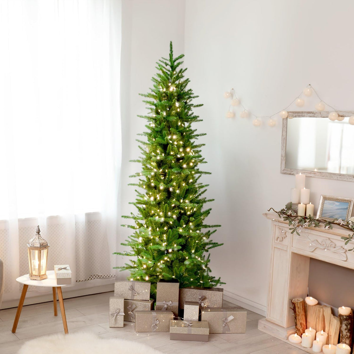 6.5 Ft. Carmel Pine Slim Artificial Christmas Tree with White Incandescent Smart Lights and Stand