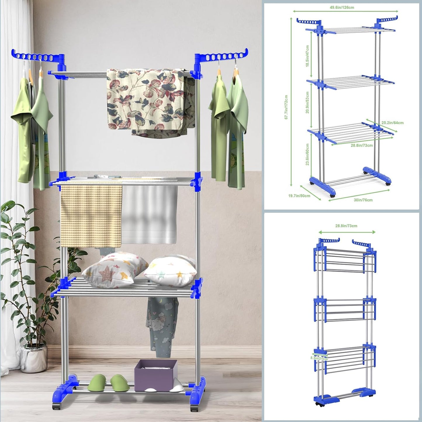 Bigzzia Clothes Drying Rack, 67.7 Inch Laundry Drying Rack with Foldable Base, 4 Tier Stainless Steel Drying Rack Clothing, Movable Laundry Rack for Indoor Outdoor-Blue - NestledHome