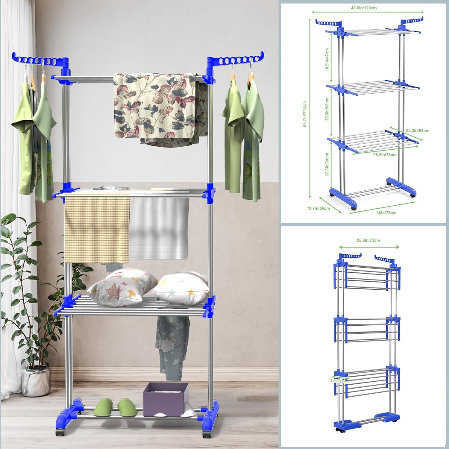 Bigzzia Clothes Drying Rack, 67.7 Inch Laundry Drying Rack with Foldable Base, 4 Tier Stainless Steel Drying Rack Clothing, Movable Laundry Rack for Indoor Outdoor-Blue - NestledHome