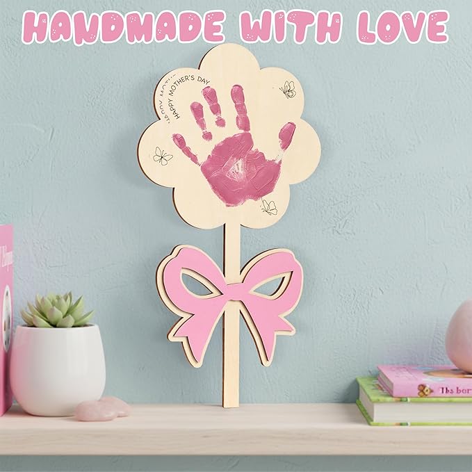 HYPERI DIY Mothers Day Crafts for Kids Handprint Art, Handprints Wooden Rose Flower Bouquet, Mothers Day Gifts for Mom from Kids, for Grandma from Grandkids, Mothers Day Keepsake Craft (Ribbon)