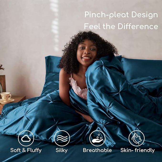 MR&HM Satin Comforter King 7 Pieces - Luxurious Pinch Pleat Bedding Set with Comforter, Flat Sheet, Fitted Sheet, Pillowcases & Shams, Super Silky Soft Bed Set for All Season (King, Teal)