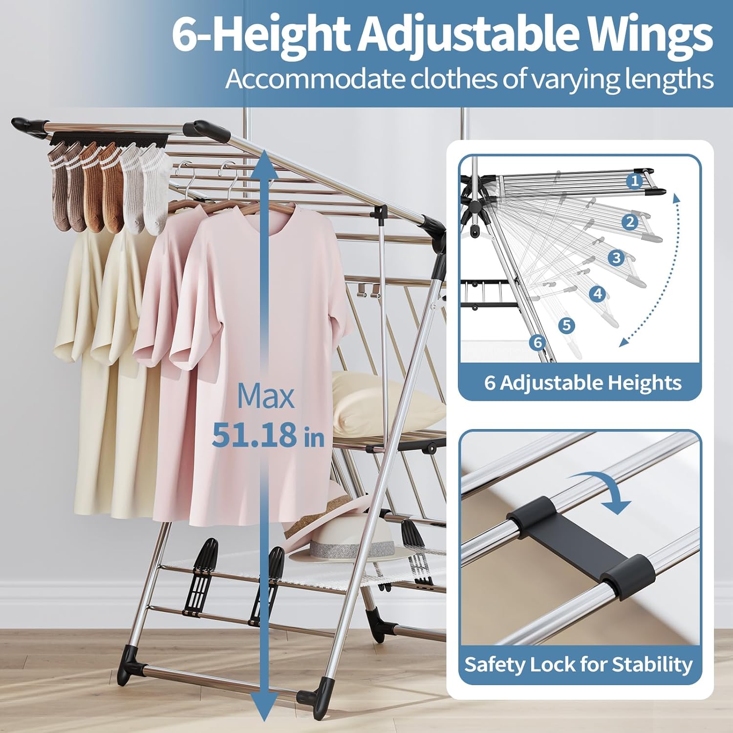 APEXCHASER Clothes Drying Rack with High Hanger, Foldable 3-Level Drying Racks with Shoe Rack, Crossbar and Vertical Rod Laundry Stand with Adjustable Wings Silver - NestledHome
