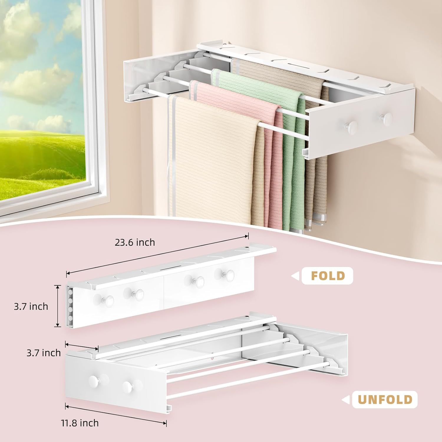 Wall Mounted Drying Rack with 4 Hooks and Shelf, Foldable Clothes Drying Rack for Laundry Room, Collapsible Laundry Rack Wall Mount, for Indoor Outdoor Hanging Clothes, 23.6 Inch - NestledHome