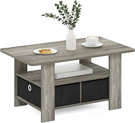 Furinno Andrey Coffee Table with Bin Drawer, French Oak Grey/Black