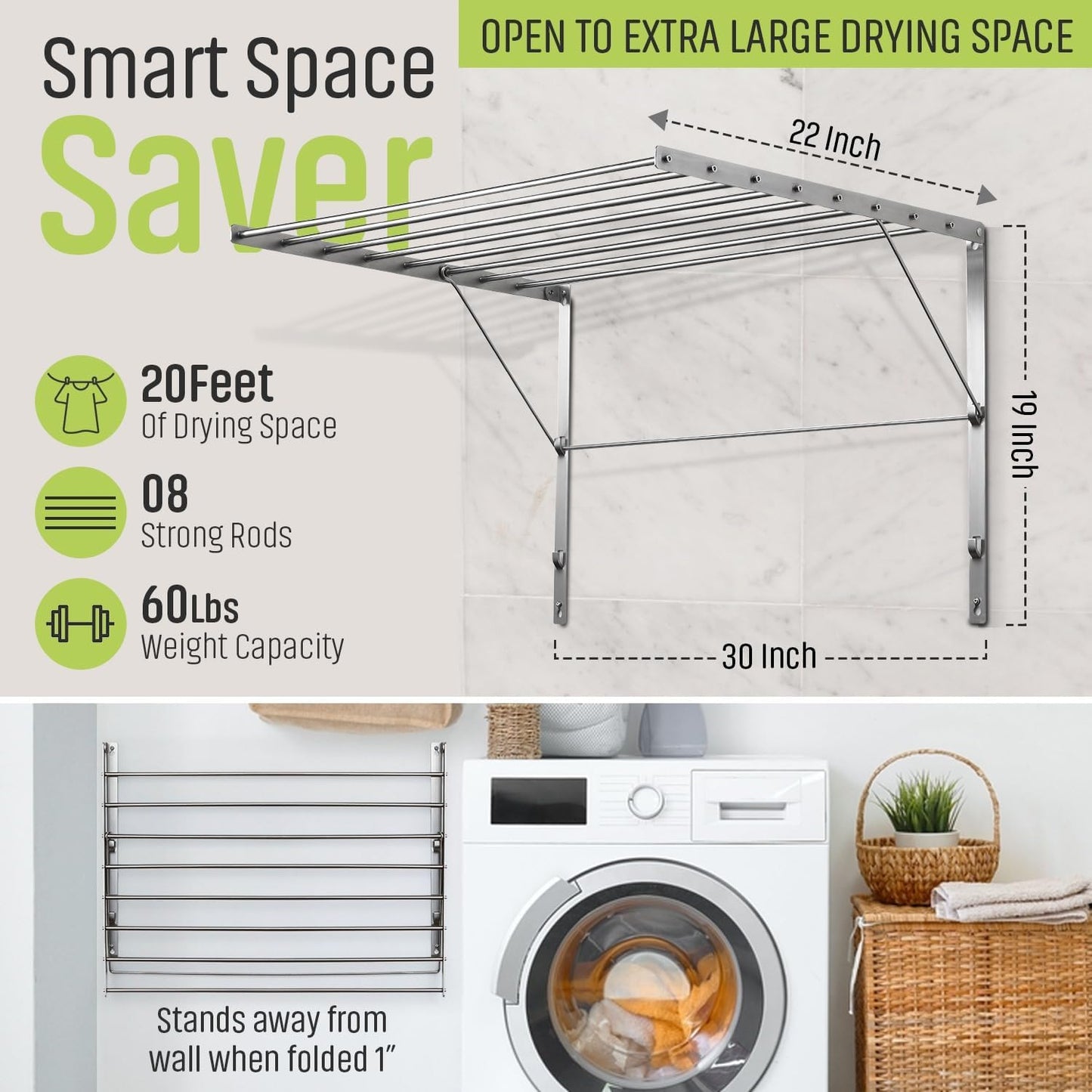 Smartsome | Wall Mounted | Clothes Drying Rack | 30" Wide | 20 Linear Feet Capacity | 8 Smooth Round Stainless Steel Rods | 60 lb Capacity | Fully Assembled | Compact Sturdy Space-Saving Design - NestledHome