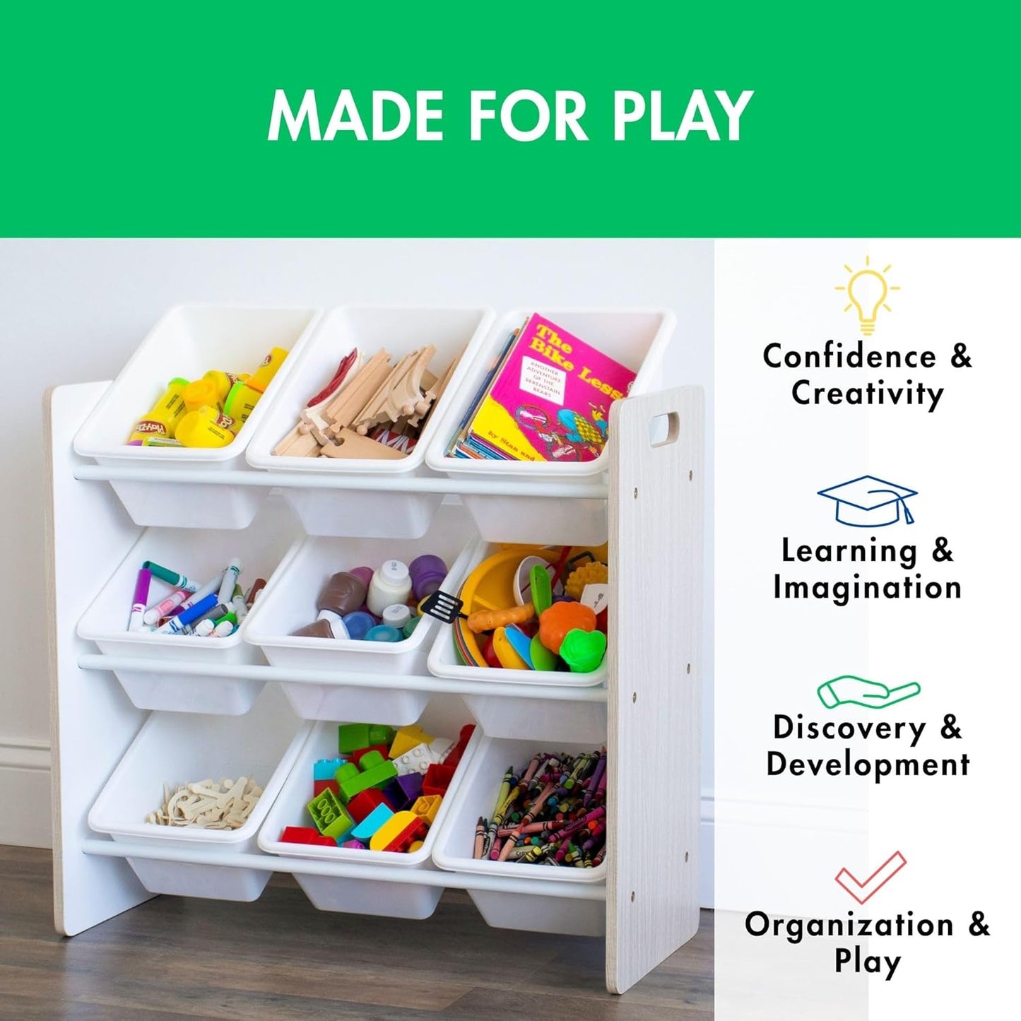 Humble Crew 9-Bin Toy Organizer – Hampton Sandwashed with White Plastic Bins, 3-Tier Storage Solution for Kids' Playrooms and Nurseries - NestledHome