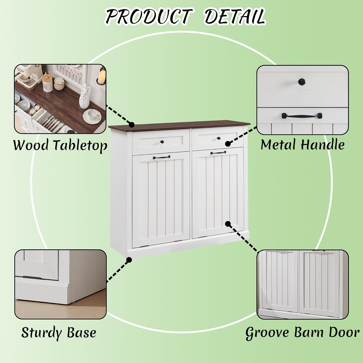 Double Tilt Out Laundry Hamper Cabinet, 20 Gallon Farmhouse Trash Can Cabinet with Drawer, Hidden Wood Garbage Can Bin Cabinets with Laundry Storage Basket for Bathroom, Kitchen (Antique White) - NestledHome