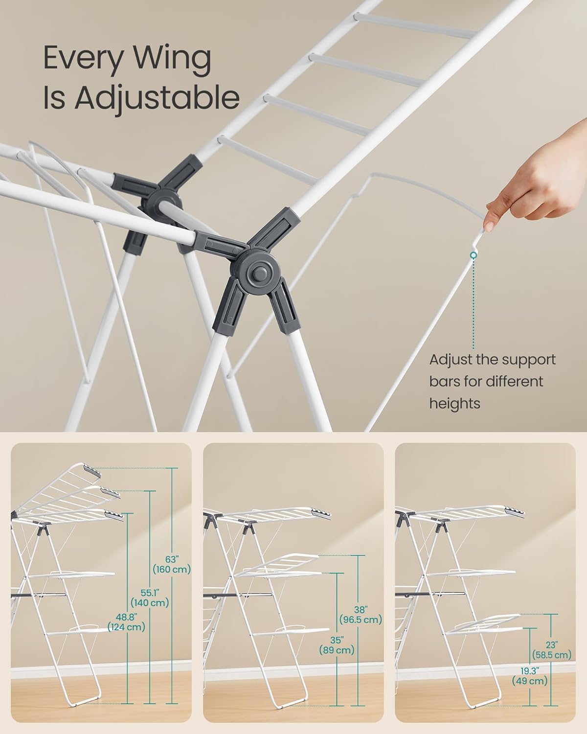 SONGMICS Clothes Drying Rack, Foldable 3-Level Laundry Rack, Free-Standing Large Drying Rack, with Height-Adjustable Wings, 39 Drying Rails, Sock Clips, White and Gray ULLR054W01 - NestledHome