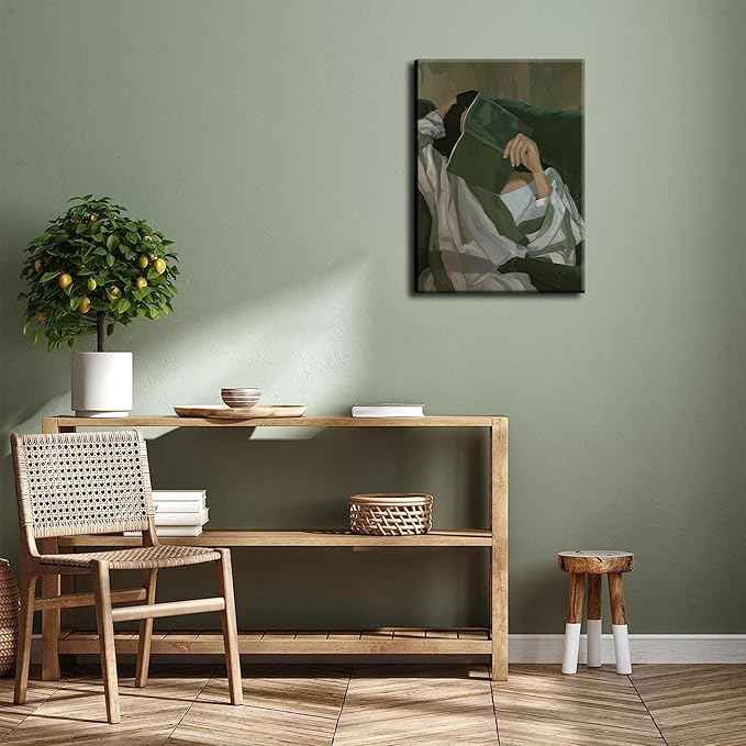 Emerald Green Reading Woman Canvas Wall Art Abstract Cozy People Wall Decor Pictures Minimalist Green Feminine Aesthetic Poster Print for Bedroom Living Room Home Decoration 16x24in