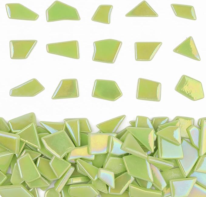 Youway Style Iridescent Green Glass Mosaic Tiles for Crafts Bulk,200g Broken Stained Glass Pieces for Crafts DIY Mosaic Art Decor