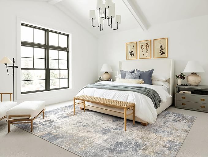 10x14 Area Rug Living Room Rugs - Washable Neutral Modern Abstract Soft Thin Large Rug Indoor Floor No Slip Rug Carpet for Bedroom Under Dining Table Home Office Decor - Blue Grey