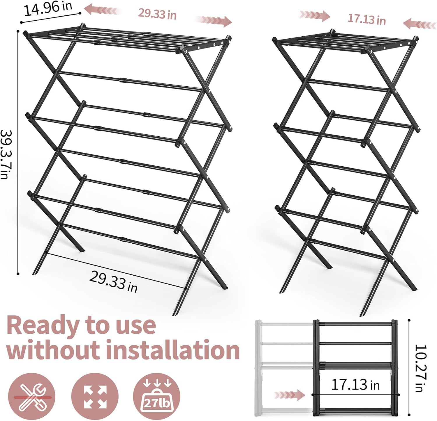 APEXCHASER Clothes Drying Rack, 3-Tier Laundry Drying Rack for Clothes, Expandable Metal Clothing Dryer, Collapsible Towel Rack, Air Drying Rack, Black - NestledHome