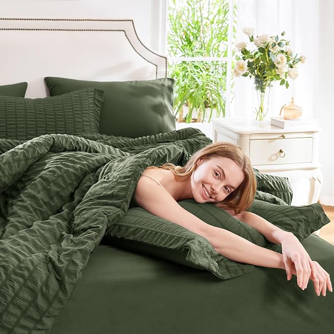 CozyLux Oversized King Comforter Set Olive Green Seersucker 7 Pieces Bed in a Bag King Comforter Set with Sheets, Luxury Soft Bedding Set with Down Alternative Comforter, Sheets, Pillowcases & Shams