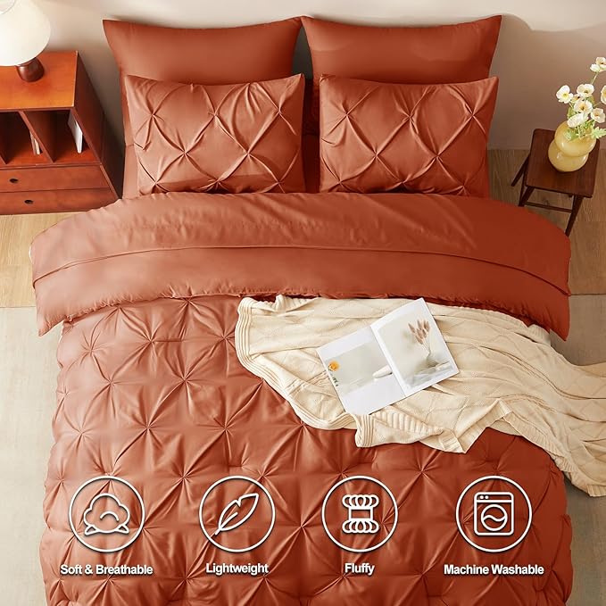 CozyLux Full Size Comforter Sets Burnt Orange, 7 Pieces Pintuck Bed in A Bag Terracotta Comforter Full Size, Pinch Pleat Bedding Sets with All Season Comforter, Sheets, Pillowcases & Shams