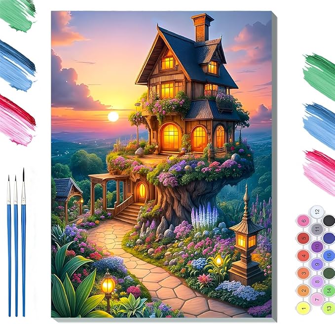 Paint by Numbers Kit for Adults Framed, Whimsical Treehouse Cottage at Sunset, DIY Oil Painting, Pre-Printed Canvas Wall Art Home Decor Gift, 20x24inch Framed, 24 Colors