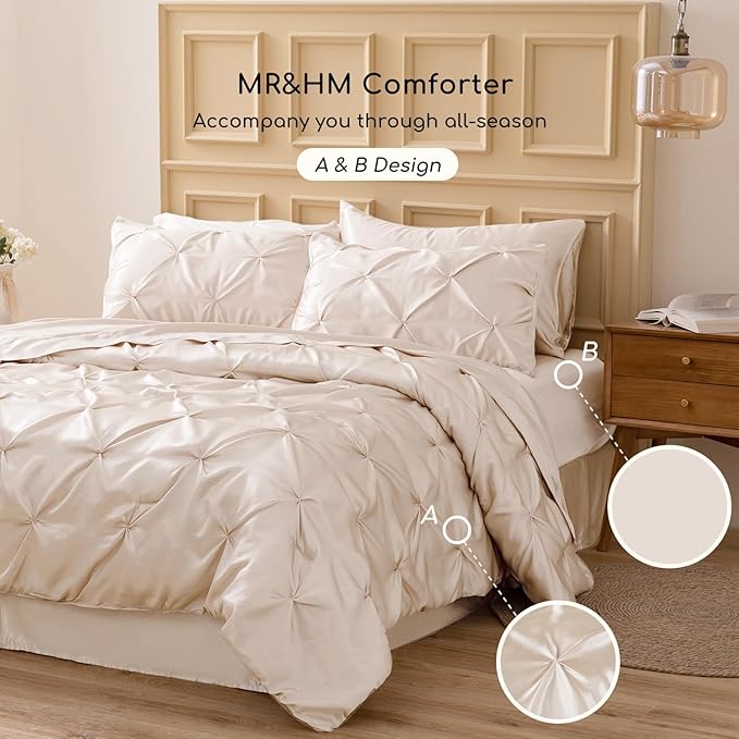 MR&HM Satin Comforter Full 7 Pieces - Luxurious Pinch Pleat Bedding Set with Comforter, Flat Sheet, Fitted Sheet, Pillowcases & Shams, Super Silky Soft Bed Set for All Season (Full, Beige)