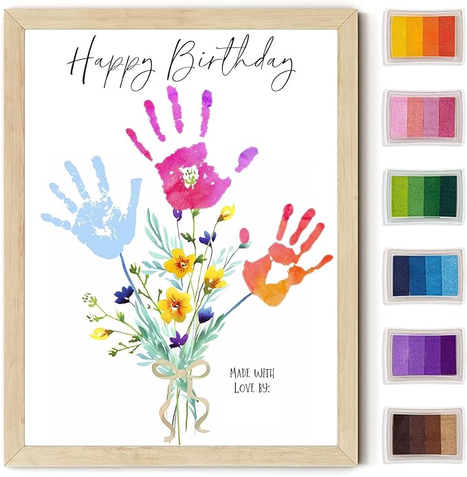 Physkoa Handprint Birthday Art Kit for Mom & Grandma – DIY Floral Keepsake Craft with Frame – Happy Birthday Gift from Kids, Daughter, Son – Handprint Painting Activity (Art Deco-B)