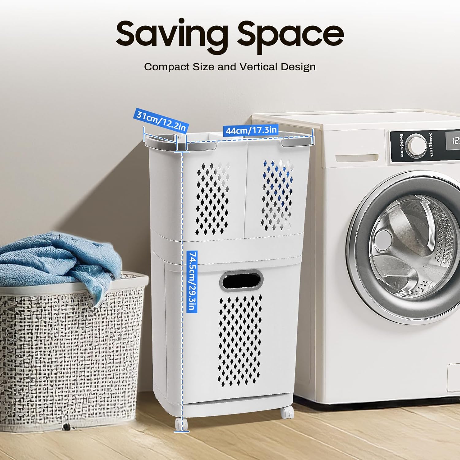 Movable Household Laundry Basket,2 Tier Laundry Hamper Basket Sorter with Wheels&Handle,Large Hand-Held Laundry Basket Clothes Storage Organizer for Bathrooms Bedrooms - NestledHome