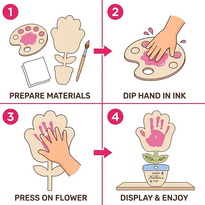 HYPERI DIY Mothers Day Crafts for Kids Handprint Art, Handprints Wooden Rose Flower Bouquet, Mothers Day Gifts for Mom from Kids, for Grandma from Grandkids, Mothers Day Keepsake Craft (Pot)