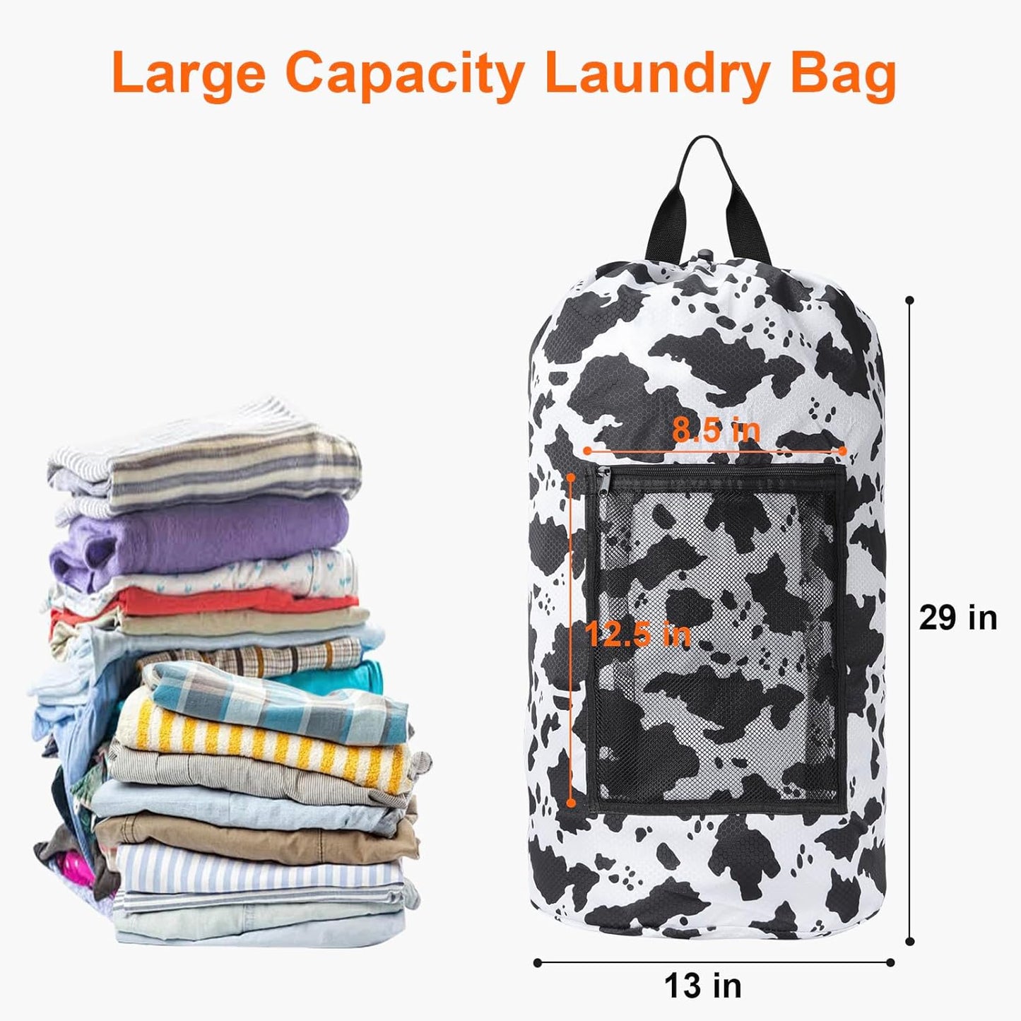 Femuar Laundry Bag Backpack Durable Laundry Bag with Shoulder Straps and Mesh Pockets Portable Laundry Dirty Clothes Hamper Bag for College Dorm (Cow Print) - NestledHome