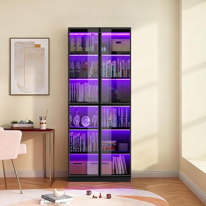Black Display Cabinet,78 Inch High Bookshelf, Multi-Color LED Ambient Lighting, 6-Story Large Storage Space, Transparent Tempered Glass Door, Suitable for Bedrooms, Living Rooms, Offices